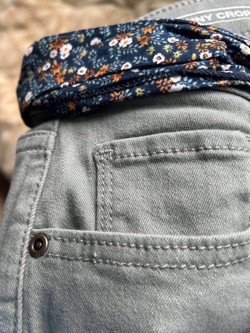 Sonoma Slim Light Green Jeans with Navy Floral Waistband
